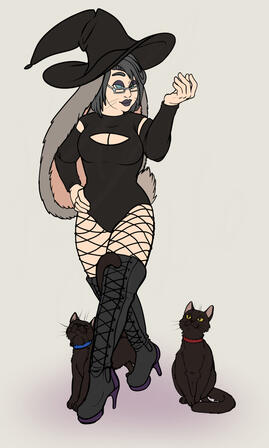 OnlyKams a drawing of a curvy bunny-girl witch with fishnet stockings and thigh-high boots, surrounded by two black cats