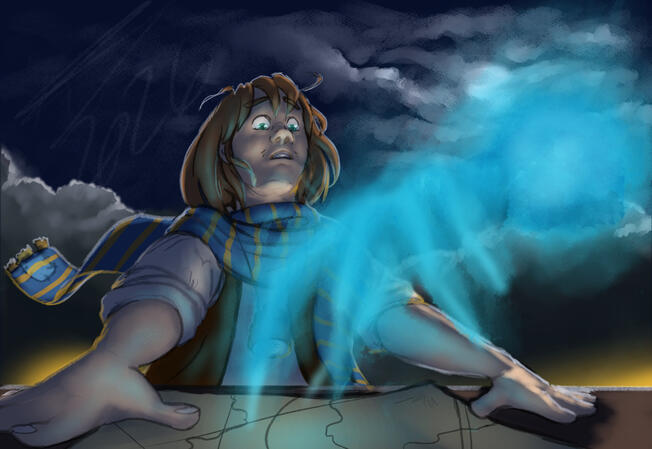 Wildsea - Philip and the Spectral Hand a digital illustration of a pale teenager reading a map on a desk, looking surprised as a blue ghostly hand points into the middle of the map. he is light by moonlight and is surrounded by trees and lantern glow
