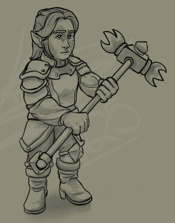 Antonia a digital sketch of a short-statured woman with the proportions of a dwarf and gnome mixed together. she has a high top bun, pointed earings and several piercings while wearing leather armer and holding a spiked warhammer