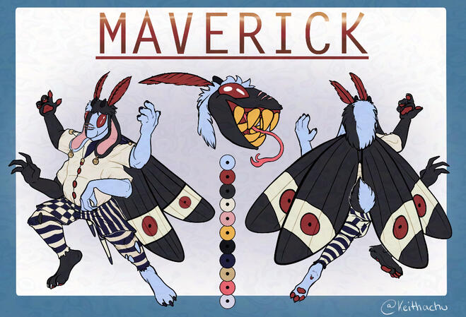 Maverick Ref Sheet a ref sheet for a fursona that resembles a cross between a moth, a bunny and a demon. they have large pointy teeth and a forked devil's tongue, patterend tights and shorts with a buttoned shirt and a black and white collar with jester bells attached