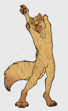 Disability Aid YCH - Hozzerino Art by Keithachuu of Hozzerino's striped hyena character Comett, stretching their arm and showing the scar & lump of the Totally Implantable Venous Access Device (TIVAD) on their chest!