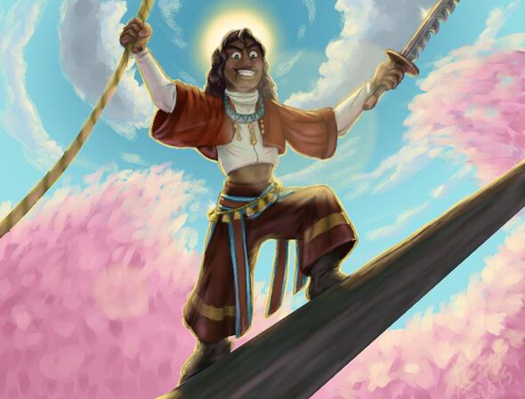 Wildsea - Captain Levi a digital painting of a dark skinned teenager wearing flowy pirate garbs and a ring of little bells around his waist. he holds up a saw-toothed sword with a triumphant smile, other hand holding onto a rope as waves of pink rosepetals crash behind him. he s