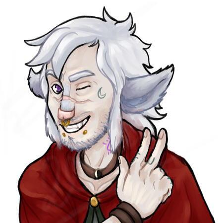Artemis a bust illustration of a pale individual with fluffy white hair, grey deer-like ears and a pink anthro nose. He has a scar across his nose, a gold septum ring and gold stud piercings in their bottom lip. They have a tattoo of a crescent moon on their cheek
