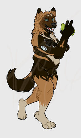 Disability Aid YCH - HarleWoof An anthro canine with dark brown and cream markings poses with their insulin pump on their arm, their hand holding the green reader device while simultaneously making a peace sign
