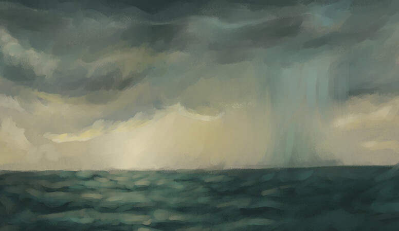Ocean Study a digital painting of stormy clouds over rough seas. the right area of the painting shows a downpour of rain in various shades of dark blues and greens, occasionally highlighted by pale yellow coming from the obscured sun more towards the left horizon