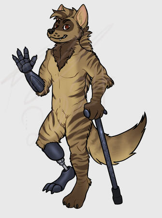 Disability Aid YCH - Alex A stylised brown anthro hyeena, whose right light limbs are black prosthetics. the right hand holds a black carbon-fibre cane