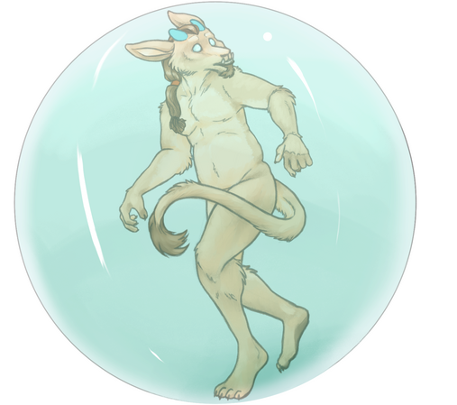 Chimera trap an illustration of a humanoid that has a goat's head with neon-blue horns, pale eyes and a tail of a lion, finding himself trapped in a bubble