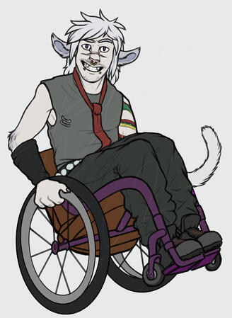 Disability Aid YCH - Artemis a digital illustration of a character performing a wheelie while sat in a purple manual wheelchair, smirking mischievously at the viewer. he has a pale disposition with spiky white hair and fluffy white firbolg-like ears while wearing grungy clothes