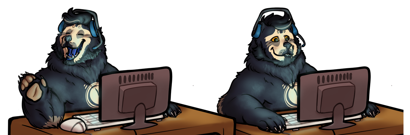 PNGtuber - Val 2 frames side by side of a bear png-tuber, left speaking and right still while looking at a desktop computer. the bear resembles a dark blue fluffy moom bear with a deep blue tongue and pale yellow markings. he hears blue gamer headphones.