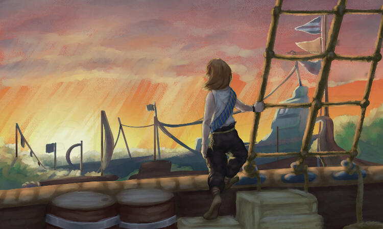 Wildsea - Philip's Spit a digital painting of a young pale boy with his back facing the viewer, standing on the edge of a ship and looknig out to a sea of other ships, surrounded by trees. in the background is a sunset that is partially obscured by rain