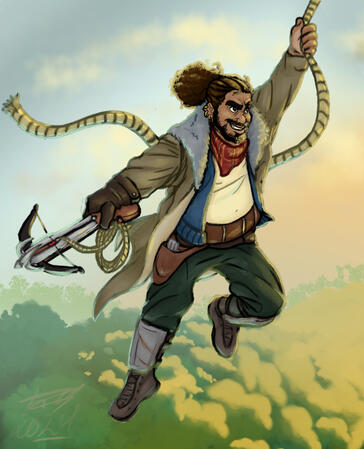 Salvador the Wildsailor an illustration of a heavy-set brown man with long curly hair that is tied back in a ponytail, swinging on a rope while holding a crossbow. he hears a big trench coat over his mish-mashed outfit that evokes a smuggler or bounty hunter. in the background t