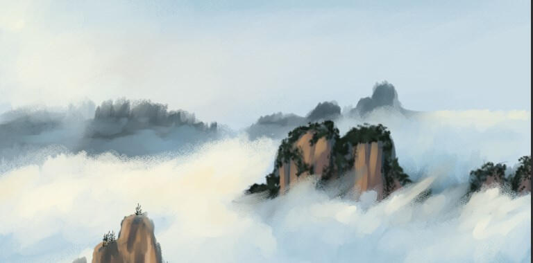Landscape study a digital painting of some limestone cliffs surrounded by fluffy clouds and morning mist