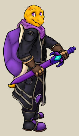 Snyder a drawing of a yellow koopa in a more stylised anthro style, wearing cool-toned adventure garb and holding a purple sword with a blue-encrusted gem