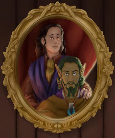 Portrait of Leo and Victor a digital painting in an ornate oval frame against a background that consists of brown wooden panels. the painting showcases two invididuals; a human and a wood elf. the human is pale with dark brown hair with a single white streak, wearing purple robes wi