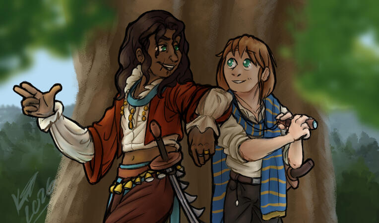 Where to, Navigator? a digital illustration of two teenagers standing in a tree. the left one has dark skin and warm, flowy clothing that resembles a pirate's garb, leaning on their companion while gesturing outward with their hand. the other character is a shorter pale boy wi