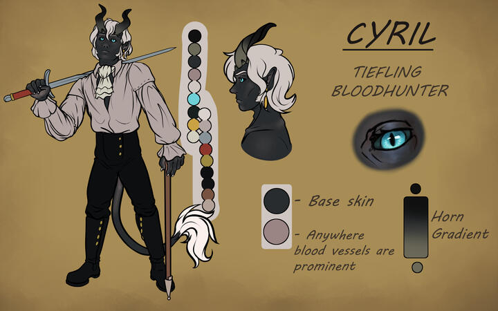 a reference sheet depicting a tiefling with dark-ashtoned skin, white wavy hair that flows down to his chin. he has piercing blue eyes and black horns that twist up similar to a kudu's. he wears high-waisted leather trousers and a billowing white shirt, ti